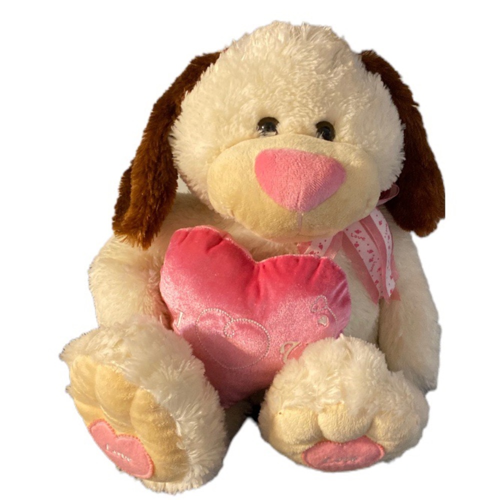 Valentines Day Plush I Love You 24” Big Cream Brown Puppy Dog Stuffed Animal 2’
